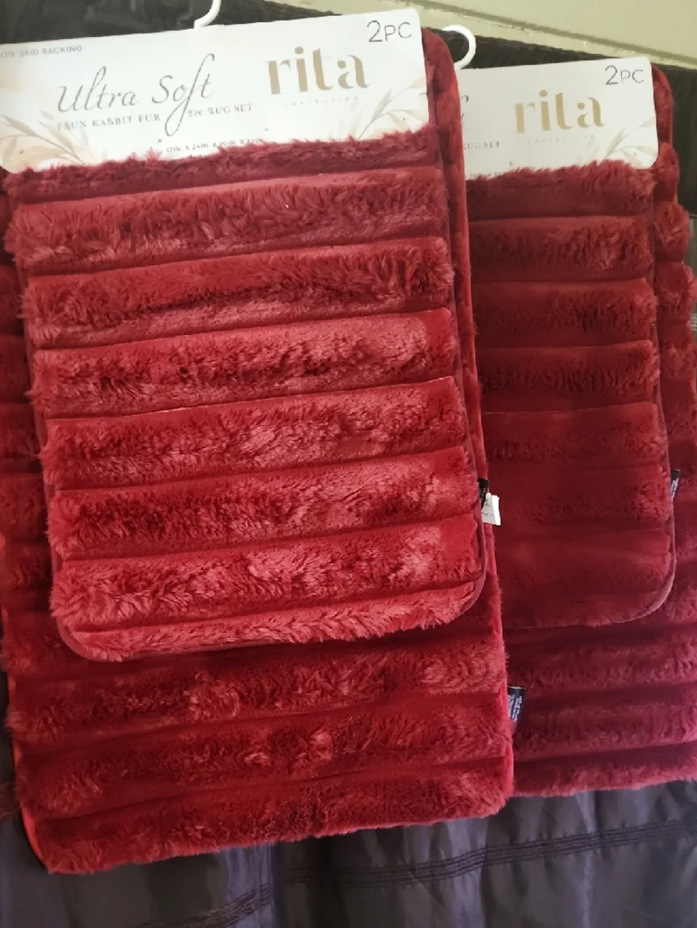Faux Rabbit Fur. Ultra Soft Red Bath Rug Set - 2 Piece Bundle